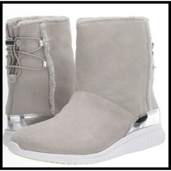 Cole Haan Grand.OS Waterproof Suede Hiking Boots Faux Fur Shearling Dove Gray 6 - Picture 1 of 13